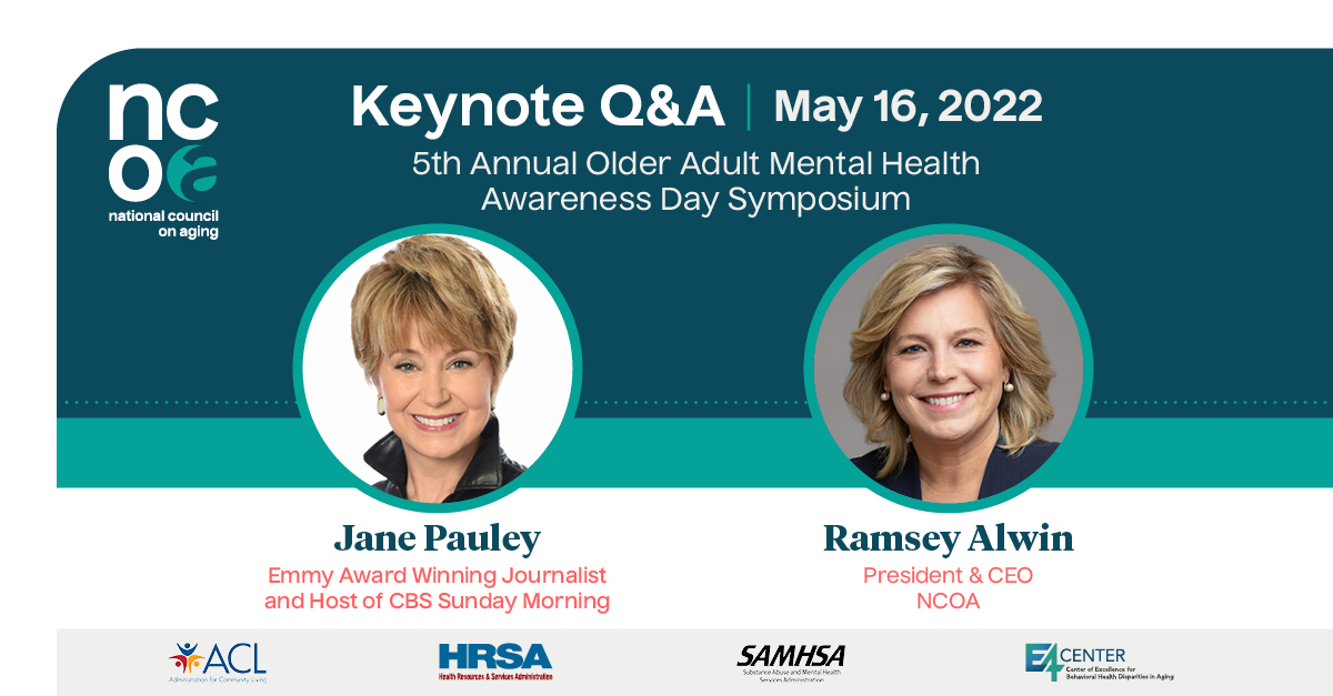 Older Adult Mental Health Awareness Day Symposium keynote speakers Jane Pauley and Ramsey Alwin